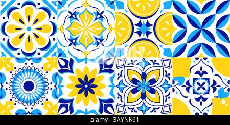 Amalfi-Muster: Mosaikmuster mit Zitronenscheiben und Blumenmotiven. Farbenfrohe geometrische Komposition mit Rosetten und Diamantformen. Mediterraner Folk Ornament Hintergrund, Keramikfliesendruck. Stock Vektor