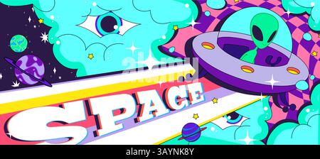 Groovige Space-Poster-Grafik – psychedelische Planeten, UFO-Schiff, das an Sternen vorbeizoomt. Helle außerirdische Welt-Landschaft, kosmische Retro-Schriftbanner. Ein abenteuerlicher Print mit trippischen Sci fi-Vibes. Stock Vektor