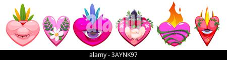 Zeichentrickfilm heiliges Herz Designs mit traditionellen mexikanischen Folk Motiven - bunte Vektorset von flammenden Liebessymbolen Formen geschmückt von Blumen und Blättern, dekorative Muster, alle sehenden Augen Symbol. Stock Vektor