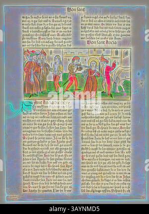 Eine detaillierte Abbildung, die eine historische Szene mit Charakteren in historischer Kleidung vor einem kunstvollen Hintergrund mit Text darstellt, der Kontext bietet. Das Kunstwerk zeigt Figuren, die an Aktivitäten beteiligt sind, einschließlich einer zentralen Figur, die Aufmerksamkeit zu erregen scheint, möglicherweise in einem wichtigen Moment des Geschichtenerzählens oder der Feier. Das Martyrium der Heiligen Lucy aus Heiligenleben, Sommerteil (Heiligenleben, Sommerzeit), Platte 20 aus Holzschnitten aus Büchern des 15. Jahrhunderts, 1488, Portfolio zusammengestellt 1929, unbekannter Künstler (Nürnberg, 15. Jahrhundert), gedruckt und veröffentlicht von Anton Stockfoto