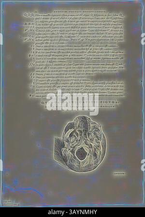 Eine komplizierte Illustration eines menschlichen Schädels, begleitet von detailliertem Text in einer stilisierten Schrift. Die Komposition betont anatomische Merkmale und anatomische Begriffe und verschmilzt Kunst und Wissenschaft in einem historischen Kontext. Blatt von de humani corporis fabrica (Schädel), Platte 100 aus Holzschnitten aus Büchern des XVI Jahrhunderts, 1543, zusammengefügt zu Portfolio 1937, zugeschrieben Jan Stephan van Calcar (Niederlande, 1499-1546/50), zusammengesetzt von Max Geisberg (Schweiz, 1875-1943), Niederlande, Holzschnitt auf Papier, 111 x 109 mm (Bild, Recto), 324 x 196 mm (Bild/Text, Recto), 79 x 103 mm (Bild, rückseitig), 325 x 193 mm Stockfoto