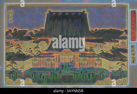 Ein traditionelles architektonisches Gebäude steht vor allem zwischen stilisierten Bäumen und umliegenden Gebäuden, mit komplizierten Linien und Details, die das einzigartige Dachdesign und die ornamentalen Elemente hervorheben. Die Gesamtszene vermittelt eine lebendige, künstlerische Interpretation klassischer Architektur. Gomonzeki at Tsukiji (Tsukiji Gomonzeki), aus der Serie Famous Places in the Eastern Capital (Toto meisho), um 1847/52, Utagawa Hiroshige 歌川 広重, Japanisch, 1797-1858, Japan, Farbholzdruck, oban, 22,3 x 34 cm (8 3/4 x 13 3/8 Zoll) Klassische Kunst mit modernem Touch, neu interpretiert von Artotop Stockfoto