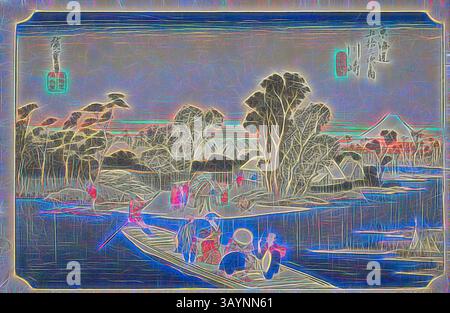 Eine ruhige Flussszene fängt Figuren in einem Boot ein, umgeben von üppigen Bäumen und fernen Bergen, vor einer traumhaften, stimmungsvollen Kulisse mit lebhaften Farben und komplizierten Mustern. Kawasaki: Die Rokugo-Fähre (Kawasaki, Rokugo watashibune), aus der Serie 53 Stationen des Tokaido (Tokaido gojusan tsugi no uchi), auch bekannt als Hoeido Tokaido, ca. 1833/34, Utagawa Hiroshige 歌川 広重, Japanisch, 1797-1858, Japan, Farbholzdruck, oban, 25 x 37,7 cm (9 13/16 x 14 13/16 Zoll) Klassische Kunst mit modernem Touch, neu interpretiert von Artotop Stockfoto