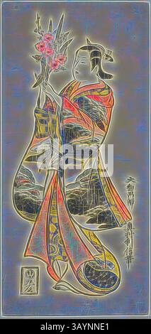 Eine anmutige Figur in traditioneller Kleidung hält einen lebendigen Blumenstrauß, umgeben von komplizierten Mustern und fließenden Designs, die ein Gefühl von Eleganz und Kunstfertigkeit einfangen. Junge Frau mit Blumen, ca. 1730, Okumura Toshinobu, Japanisch, aktiv ca. 1717-50, Japan, handkolorierter Holzschnitt, Hosoban, urushi-e, 3/4 x 15/16 cm Klassische Kunst mit modernem Touch, neu interpretiert von Artotop Stockfoto