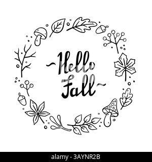 HALLO Herbst handgeschriebener Schriftzug. Dekorrahmen, Vorlage, Rand, Kopierraum mit Pilzen, Eichenblättern, Ahornblättern, Eicheln, trockenen Zweigen. Vektorillustration im Doodle-Stil. Stock Vektor