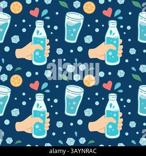 Nahtloses Muster für den World Water Day. Trinken Sie mehr Wasser Konzept Muster. Trinkwasser im Glas, Flasche. Zero Waste Konzept Textur. Vektorabbildung. Stock Vektor