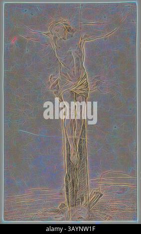 Eine stilisierte Darstellung einer Figur auf einem Kreuz, umgeben von einer ätherischen Mischung aus Farben und Texturen, die ein Gefühl von Tiefe und Bewegung hervorrufen. Die Figur ist mit langen Gliedmaßen und fließenden Kleidungsstücken dargestellt, die ein ergreifendes Gefühl von Opfer und Emotionen vermitteln. Christ on the Cross, n.d., Sebastiano Conca zugeschrieben, italienisch, 1680-1764, Italien, Schwarze Kreide mit Hauch von weißer Kreide, auf braunem Büttenpapier, 397 x 243 mm Klassische Kunst mit modernem Twist von Artotop neu interpretiert Stockfoto