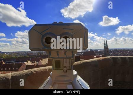 Fernrohr in die Nürnberger Burg, Blick auf die Stadt, Kirche, Himmel, Wolken Stockfoto