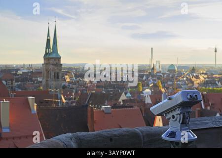 Fernrohr in die Nürnberger Burg, Blick auf die Stadt, Kirche, Himmel, Wolken Stockfoto