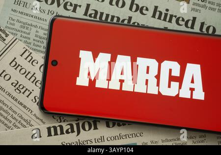 Dhaka, Bangladesch - 17. März 2025: Das Logo der marca wird auf einem Smartphone-Bildschirm angezeigt Stockfoto