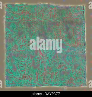 Ein kompliziertes Muster mit üppiger tropischer Vegetation, mit stilisierten Pflanzen und Blättern, die im gesamten Design verflochten sind, schafft eine lebendige und dynamische Atmosphäre. La Danse des Noirs (der Tanz der Schwarzen) (Möbelstoff), um 1760, hergestellt von Christophe Philippe Oberkampf (Französisch, 1738-1815), Frankreich, Jouy-en-Josas, Frankreich, Leinen und Baumwolle, Leinwandbindung, Blockbedruckt, 40,5 x 39,4 cm (16 x 15 1/2 Zoll) Klassische Kunst mit modernem Touch, neu interpretiert von Artotop Stockfoto