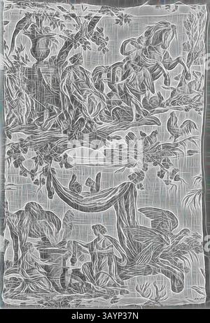 Eine detaillierte Darstellung einer üppigen Landschaft mit Figuren, die in verschiedenen Aktivitäten, umgeben von Pflanzen und Bäumen, tätig sind und eine harmonische Beziehung zur Natur betonen. Komplizierte Muster und Texturen verbessern die Tiefe und Komplexität der Szene und schaffen ein Gefühl von Bewegung und Ruhe. Les Quatre Parties du Monde (Four Quarters of the Globe) (Möbelstoff), um 1785, entworfen von Jean Baptiste Huet (Französisch, 1745–1811), hergestellt von Christophe-Philippe Oberkampf (Französisch, 1738-1815), Frankreich, Jouy-en-Josas, Frankreich, Baumwolle, Leinwandbindung, Kupferplatte bedruckt, 40,6 x 47,0 cm (16 x 18 1/2) Stockfoto