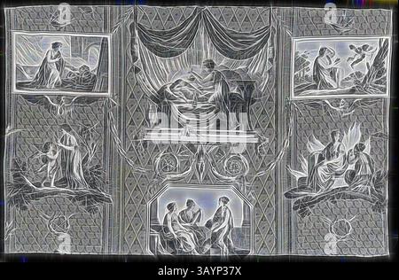Eine Reihe von komplizierten Szenen, die weiche, fließende Figuren zeigen, die in emotionalen Momenten verwickelt sind, eingerahmt von kunstvollen Grenzen, die mit zarten Mustern gefüllt sind. Das Kunstwerk umfasst Themen wie Intimität, Dialog und himmlische Elemente und schafft durch visuelles Erzählen eine reiche Erzählung. L’Amour et Psyche (Cupid and Psyche) (Möbelstoff), um 1810, entworfen von Jean Baptiste Huet (Französisch, 1745–1811), hergestellt von Christophe Philippe Oberkampf (Französisch, 1738–1815), Frankreich, Jouy-en-Josas, Frankreich, Baumwolle, Leinwandbindung, bedruckte Rolle mit Gravur, 41,2 x 65 cm (16 1/4 x 25 1/2 Zoll) Klassische Kunst mit einem Stockfoto