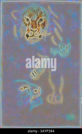 Eine stilisierte Darstellung eines Löwen mit einem ausdrucksstarken Gesicht mit durchdringenden Augen, begleitet von abstrakten Elementen, die Bewegung und Tiefe hervorrufen. Das Design fängt das majestätische Wesen des Tieres auf lebendige, künstlerische Weise ein. Kopf und Klauen der Lions, n.d., Eugène Delacroix, Französisch, 1798-1863, Frankreich, Aquarell und Graphit auf braunem Webpapier, 192 x 123 mm Klassische Kunst mit einem modernen Touch, neu interpretiert von Artotop Stockfoto