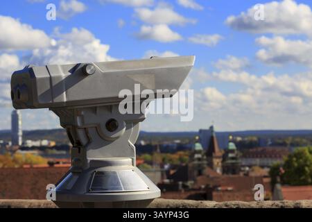 Fernrohr in die Nürnberger Burg, Blick auf die Stadt, Kirche, Himmel, Wolken Stockfoto