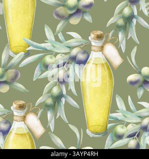 Olivenöl in Glasflasche mit Etikett und Kork. Zweige mit grünen und schwarzen Oliven. Nahtloses Aquarellmuster auf dunkler olivfarbener Farbe. Handgezeichnete Illustration für Stoffdruck, Textil und Verpackung. Stockfoto
