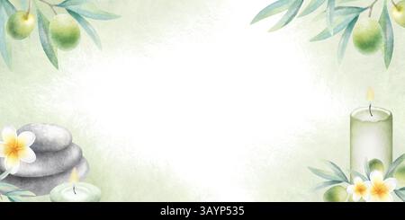 Olivenzweige, Kerzen, Steinchen und Plumerieblumen. Handgezeichneter rechteckiger Rahmen in Aquarellfarben mit Kopierraum für Spa-Design. Vorlage für Schönheitssalon Zertifikat und Einladung. Stockfoto