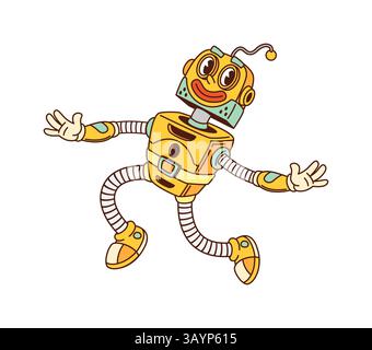 Cartoon grooviger Roboter und Droide mit quadratischem Körper und Zifferblättern, flexiblen Armen und Beinen, freundlichem Gesicht mit großen, ausdrucksstarken Augen springt glücklich Stock Vektor