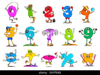 Mathe-Zahlen- und Symbol-Groovy-Charaktere, die Sportübungen und -Aktivitäten machen. Lustige Retro-Mathematik-Bildungs-Vektorfiguren, die Sportspiele spielen Stock Vektor