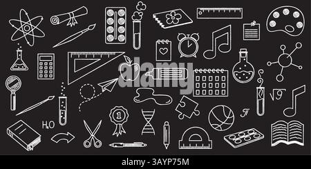 Back to School Doodle Pack. Handgezeichnete Unterrichtsmaterialien und Schreibwaren Stock Vektor