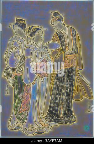 Drei elegant gekleidete Figuren in traditioneller Kleidung greifen miteinander in Berührung und zeigen komplizierte Muster und fließende Kleidung. Das Kunstwerk hebt die zarten Merkmale und anmutigen Haltungen hervor und schafft ein Gefühl von Harmonie und kulturellem Reichtum. Der Schauspieler Iwai Hanshiro IV in Straßenkleidung (von Shun’ei) im Gespräch mit zwei Frauen (von Shuncho), um 1788, Katsukawa Shun’ei, Japanisch, 1762-1819, Katsukawa Shuncho, Japanisch, aktiv ca. 1780-1801, Japan, Farbholzdruck, Aiban, 32,3 x 21,7 cm (12 11/16 x 8 9/16 Zoll) Klassische Kunst mit modernem Touch, neu interpretiert von Artotop Stockfoto