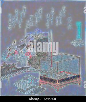 Eine skurrile Szene mit einem lebendigen Aquarium auf einer markanten Basis, umgeben von abstrakten Formen und weichen Verläufen, mit stilisiertem Text, der darüber schwebt und eine fantasievolle und traumhafte Atmosphäre schafft. Frogs in a Cage Before a Painted Screen, Illustration für die trocken-seichte Schale (Minasegai), aus der Serie A Matching Game with Genroku-Epoche Gedicht Shells (Genroku kasen kai awase), 1821, Katsushika Hokusai 葛飾 北斎, Japanisch, 1760–1849, Japan, Farbholzdruck mit metallischen Pigmenten, Surimono Shikishiban, 19,9 x 17,9 cm Klassische Kunst mit modernem Twist von Artotop neu interpretiert Stockfoto