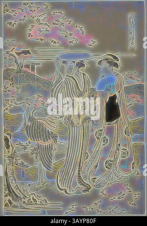 Zwei elegant gekleidete Figuren treffen sich in einer ruhigen Landschaft, verziert mit zarten Mustern und umgeben von stilisierten Bäumen und Blumen. Die Atmosphäre fühlt sich ruhig an und unterstreicht die Schönheit traditioneller Kleidung und kultureller Motive. Ono no Komachi besucht den Kiyomizu-Tempel, aus der Serie die modischen sieben Komachi (Furyu nana Komachi), Edo-Periode (1615–1868), um 1788, Chobunsai Eishi, Japanisch, 1756-1829, Japan, farbiger Holzschnitt, oban, 38,7 x 25,4 cm (15 1/4 x 10 Zoll) Klassische Kunst mit modernem Touch, neu interpretiert von Artotop Stockfoto