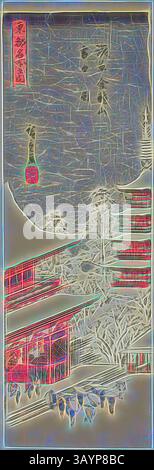 Eine stilisierte Darstellung einer traditionellen Architekturszene mit einer Pagode, die von Bäumen und Laternen umgeben ist, mit komplizierten Mustern und lebhaften Farben, die die visuelle Energie verstärken. Kinryuzan Tempel in Asakusa in Falling Snow (Asakusa Kinryuzan setchu no zu), aus der Serie Famous Views of the Eastern Capital (Toto meisho no uchi), 1840, Utagawa Hiroshige 歌川 広重, Japanisch, 1797–1858, Japan, Farbholzdruck, Tanzaku, 34,1 x 11,2 cm (13 7/16 x 4 3/8 Zoll) Klassische Kunst mit modernem Touch, neu interpretiert von Artotop Stockfoto