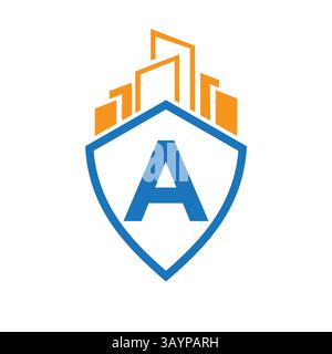 Real Estate Logo on Letter A Concept with Building and Shield Symbol Vector Template Stock Vektor