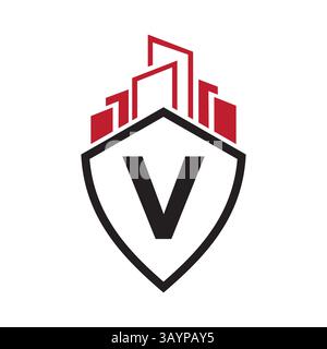 Real Estate Logo auf Buchstabe V Konzept mit Gebäude- und Schild-Symbol-Vektorvorlage Stock Vektor
