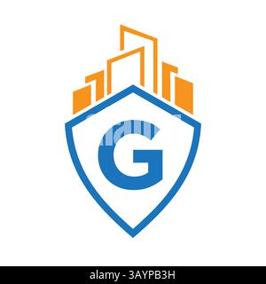 Real Estate Logo auf Buchstabe G Konzept mit Gebäude- und Schild-Symbol-Vektorvorlage Stock Vektor