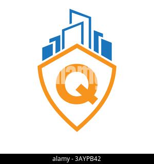 Real Estate Logo auf Buchstabe Q Konzept mit Gebäude- und Schild-Symbol-Vektorvorlage Stock Vektor
