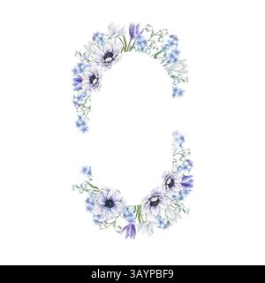 Blumenovalrahmen mit Anemonen, Vergissmeinnots, Krokussen, Maiglöckchen und zarten Blättern. Handgezeichneter Aquarellrahmen für die Hochzeit Stockfoto