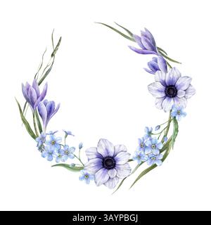 Anemonen und Krokusse in lila Tönen, blaue Vergissmeinnots, wilde Kräuter und Blumen. Runder Kranz im Frühling mit botanischem Aquarell, geeignet für Öko Stockfoto