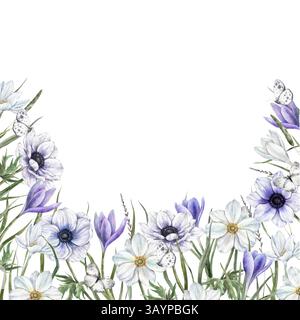 Krokusse in weiß- und violetten Tönen, Anemonen, wilde Kräuter und Blumen, helle Schmetterlinge. Botanischer Aquarellrahmen im Frühling, geeignet für Öko-Branding Stockfoto