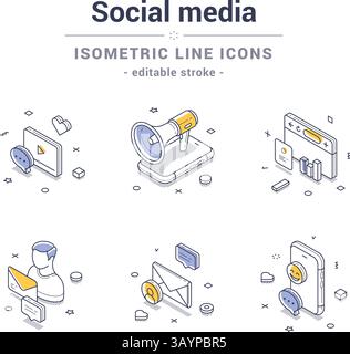 Sammlung isometrischer Liniensymbole, die verschiedene Aspekte sozialer Medien darstellen. Set enthält Elemente wie Megaphone, Smartphone und E-Mail-Symbole, Stock Vektor