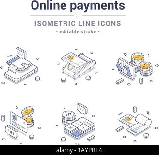 Isometrische Liniensymbole für Online-Zahlungen mit Symbolen für digitale Transaktionen und Finanzoperationen, perfekt für Infografiken. Modus Stock Vektor