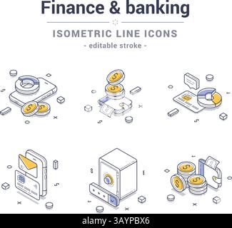 Satz isometrischer Liniensymbole für Finanz- und Bankwesen. Jedes Symbol enthält klare Details, die verschiedene Finanzkonzepte widerspiegeln Stock Vektor