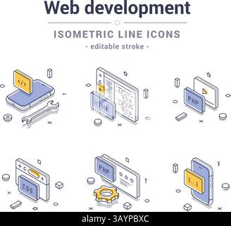 Satz isometrischer Liniensymbole, die Konzepte der Webentwicklung wie Codierung, HTML, PHP und CSS darstellen. Ideal für digitale Designprojekte, Infografiken, Stock Vektor