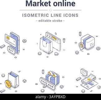 Satz isometrischer Liniensymbole, die verschiedene Aspekte des Online-Marketings und -Einkaufs veranschaulichen. Umfasst Einkaufstaschen, Zahlungsmethoden und Werbeartikel Stock Vektor