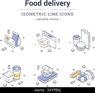 Verschiedene Elemente der Lebensmittellieferung werden als isometrische Liniensymbole dargestellt, die eine Vielzahl von Mahlzeiten und Lieferartikeln darstellen. Vektorabbildung Stock Vektor