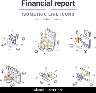 Isometrische Liniensymbole, die wesentliche Elemente eines Finanzberichts darstellen, einschließlich Diagrammen, Münzen, Kalendern und Diagrammen. Moderne Vektorabbildungen s Stock Vektor