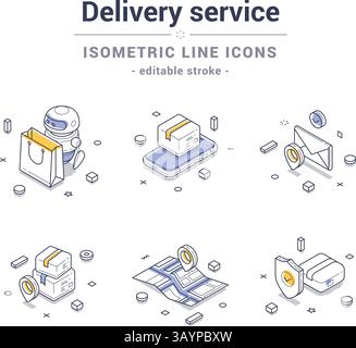 Verschiedene isometrische Liniensymbole in Bezug auf den Zustelldienst, die Schlüsselelemente wie Pakete, Lieferroboter und Versandwege veranschaulichen. Moderner Vektor Stock Vektor
