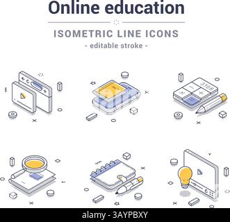 Isometrische Liniensymbole, die Elemente des Online-Lernens darstellen, wie digitale Geräte, Notebooks, Lernmaterialien und Lernwerkzeuge. Moderner Vect Stock Vektor
