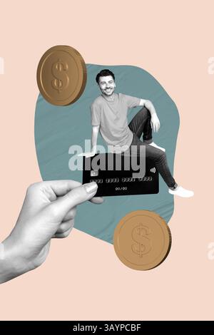 Zine kreative Kunst vertikale Fotocollage des glücklichen Geschäftsmannes SIT Kreditkartentransaktion ebank Erträge Finanzen Einkommen Jackpot Stockfoto