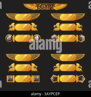 Ägyptisches Spiel-ui-Symbol mit Rand oder Knöpfen mit Flügeln. Zeichentrickset von Schätzen antike. Ägyptisches Rahmenelement aus Gold-Schwarz mit Edelsteinen zum Spiel Stock Vektor