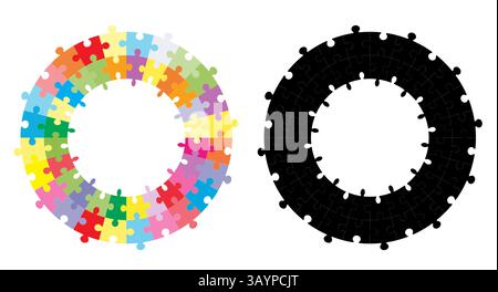 Vektorsatz mit runden Rahmen aus bunten und schwarzen Puzzles mit Kopierraum. Sammlung von Kreisgrenzen des Lernspiels zur Einladung Stock Vektor