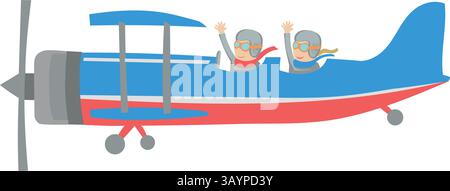 Vintage-Flugzeug mit verliebtem Paar, das winkt. Flacher Cartoon-Style Stock Vektor