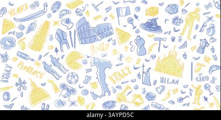 Lineare Illustration der italienischen Reise, Sommermotiv, Kritzelei. Handgezeichnet im Aquarellstil. Stock Vektor