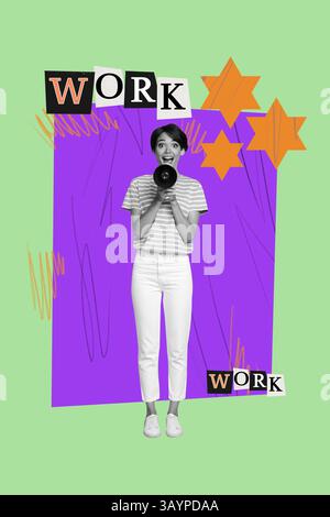 Poster-Bildcollage einer Person, die unter der Arbeit steht, mit Sternen über grünem Hintergrund Stockfoto